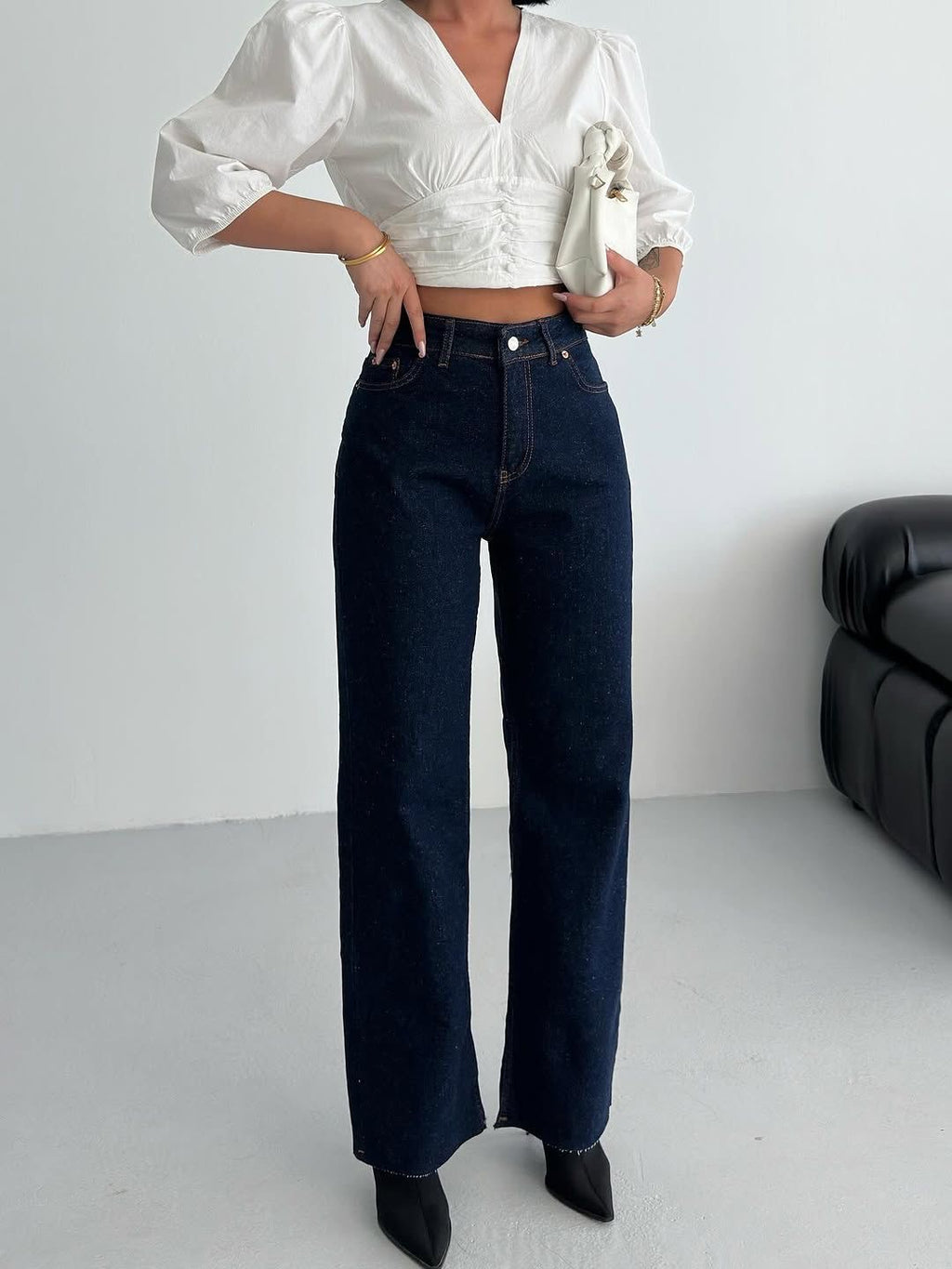 Raw wide leg destroyed denim