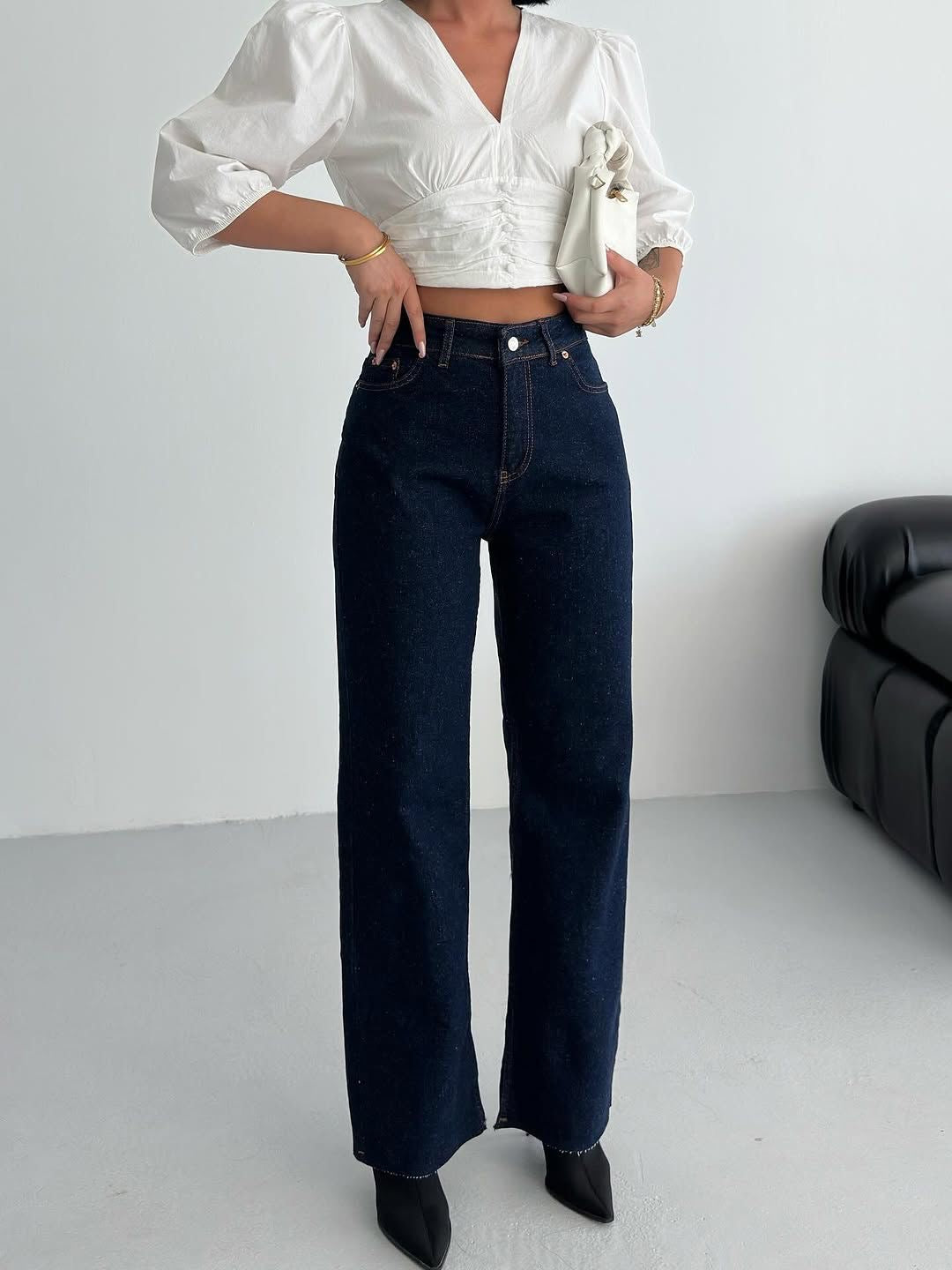 Raw wide leg destroyed denim