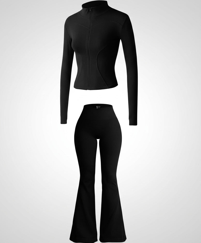 Set Sport Sculptant Noir – Veste Zippée + Legging Flare Taille Haute