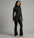 Set Sport Sculptant Noir – Veste Zippée + Legging Flare Taille Haute
