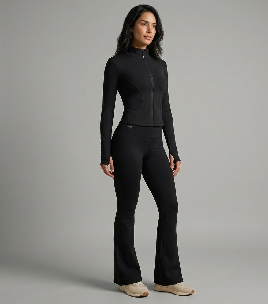 Set Sport Sculptant Noir – Veste Zippée + Legging Flare Taille Haute