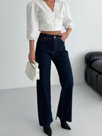 Raw wide leg destroyed denim